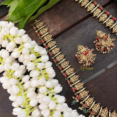 VrikshamAntique Peacock Lakshmi Long Neckpiece-Colar-Green Beads-Pearls -G21262