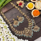 Vriksham Gold Polish Long Elephant Haram-Red-Aqua Green Bead-Pearl-G21254