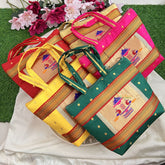 Return Gift Purses-Traditional Paithani Printed Silk With Handel & 2 Zipper -Set Of 6-RG313