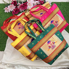 Return Gift Purses-Traditional Paithani Printed Silk With Handel & 2 Zipper -Set Of 6-RG313