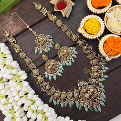 Vriksham Gold Polish Long Elephant Haram-Red-Aqua Green Bead-Pearl-G21254