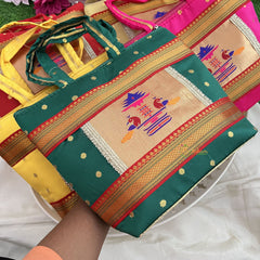 Return Gift Purses-Traditional Paithani Printed Silk With Handel & 2 Zipper -Set Of 6-RG313