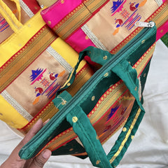 Return Gift Purses-Traditional Paithani Printed Silk With Handel & 2 Zipper -Set Of 6-RG313