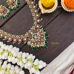 Vriksham Elegant Floral Design Pendant With 36 Manga Long Haram-Green Bead-G21253