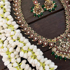 Vriksham Elegant Floral Design Pendant With 36 Manga Long Haram-Green Bead-G21253