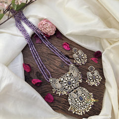 Three Layer Beaded Victorian Diamond Dual Peacock Pendant Neckpiece-Purple-VV1952