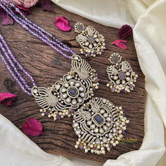 Three Layer Beaded Victorian Diamond Dual Peacock Pendant Neckpiece-Purple-VV1952