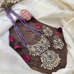 Three Layer Beaded Victorian Diamond Dual Peacock Pendant Neckpiece-Purple-VV1952
