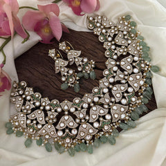 Premium Victorian Diamond Short Neckpiecce-Aqua Green Beads-VV1451