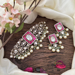 Elegant Jadau Victorian Diamond High Neck Choker-Red-VV1895