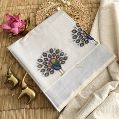 Vriksham Kasavu Zari Work Silver Tissue Saree-Peacock-VS4341