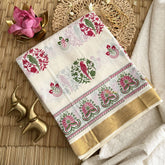 Vriksham Kerala Kasavu Cotton With Parrot & Floral Motifs Printed Cotton Saree -VS4689