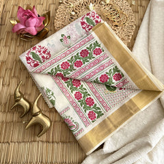 Vriksham Kerala Kasavu Cotton With Parrot & Floral Motifs Printed Cotton Saree -VS4689