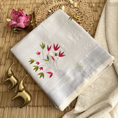 Silver Color Kasavu Tissue Cotton Saree Embroidered-VS3463