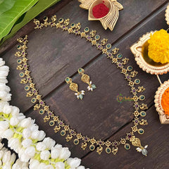 Vriksham Gold Look Alike Peacock Long Neckpiece-Red Green-Rice Pearls-G21266