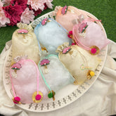 Return Gift Potli Bags-Plain & Lace With Floral Bun Tag-6 pieces Set-RG283