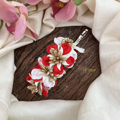 Vriksham Artificial Red Flower & White color Combination Hair Clip-Golden Pearl-HF-H1097
