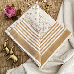 Vriksham Kerala Kasavu With Golden Paisley & Striped Border Printed Cotton Saree-VS4690