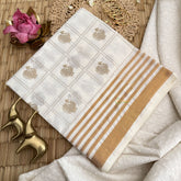 Vriksham Kerala Kasavu With Golden Floral Buttas & Striped Border Printed Cotton Saree-VS4691