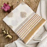 Vriksham Kerala Kasavu With Golden Leaf Motifs & Striped Border Cotton Saree-VS4696