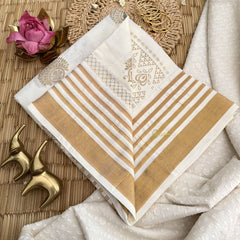 Vriksham Kerala Kasavu With Golden Leaf Motifs & Striped Border Cotton Saree-VS4696