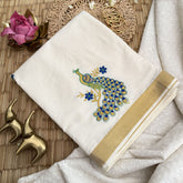 Vriksham Kasavu Zari Work Cotton Saree-Peacock-Tassel Work-VS4335