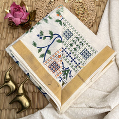 Vriksham Kerala Kasavu With Peacock & Leaf Design Golden Border Cotton Saree-VS4694