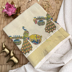 Vriksham Kerala Kasavu With Peacock & Veena Motif Golden Border Cotton Tissue Saree-VS4695