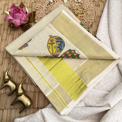 Vriksham Kerala Kasavu With Peacock & Veena Motif Golden Border Cotton Tissue Saree-VS4695