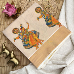 Vriksham Kerala Kasavu Saree With Kathakali & Mohiniyattam Print & Golden Border Tissue Saree-VS4693