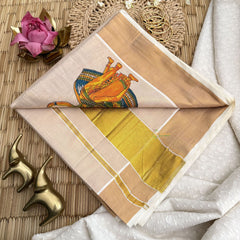 Vriksham Kerala Kasavu Saree With Kathakali & Mohiniyattam Print & Golden Border Tissue Saree-VS4693