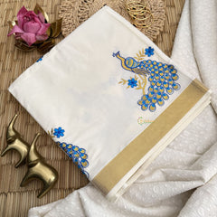 Vriksham Kasavu Zari Work Cotton Saree-Peacock-Tassel Work-VS4340