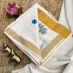 Vriksham Kasavu Zari Work Cotton Saree-Peacock-Tassel Work-VS4340