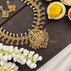 Vriksham Premium AD Stone Pendant Lakshmi Haram-Gold pearl-G21260