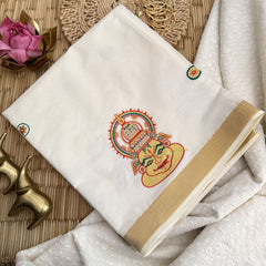 Vriksham Kasavu Cotton Saree Embroidered-Kathakali Face-VS4338