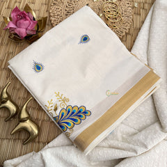 Vriksham Kasavu Zari Work Cotton Saree-Peacock-Tassel Work-VS4339