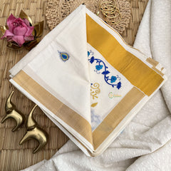 Vriksham Kasavu Zari Work Cotton Saree-Peacock-Tassel Work-VS4339