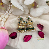 Floral Green & White Gold Look Earrings With Pearls & Green Bead Drop-Vriksham-G22541