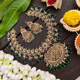 Vriksham Gold Look Alike Elegant Pendant Short Neckpiece-Peacock-Green Bead-G21302