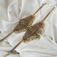 Gold look alike Traditional Lakshmi Vangi / Armlets with Pearls And Ghungroo -G11421