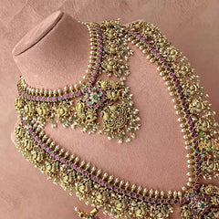 Vriksham Traditional South Indian Temple & Peacock Guttapusalu Bridal Set-Green & Rice Pearl Bead-J3933