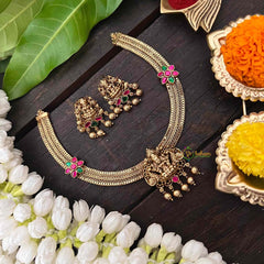 Vriksham Premium Lakshmi Dual Peacock Jadau Addigai-Red Green-Gold Bead-G21287