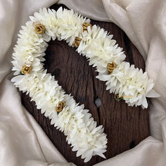 Vriksham Artificial White Gajra Veni With Golden Rose for Hair Accessories-HF-H1082