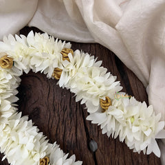 Vriksham Artificial White Gajra Veni With Golden Rose for Hair Accessories-HF-H1082