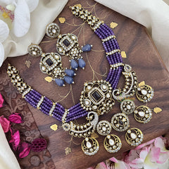 Royal Multilayer Victorian Diamond Pendant Choker-Purple Beads-VV1589