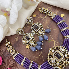 Royal Multilayer Victorian Diamond Pendant Choker-Purple Beads-VV1589