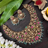 Vriksham Lakshmi with Dual Elephant Peacock Jadau Short Neckpiece-Pastel Green Bead-G21299