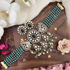 Multilayered Peacock Victorian Diamond High Neck Choker-Green-VV1923