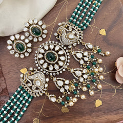 Multilayered Peacock Victorian Diamond High Neck Choker-Green-VV1923