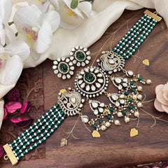 Multilayered Peacock Victorian Diamond High Neck Choker-Green-VV1923